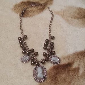 Vintage Gold tone Rhinestone Cameo Necklace